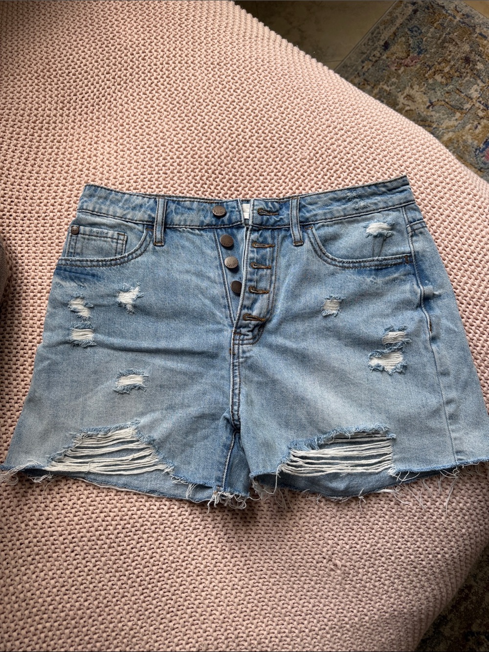 Distressed Light Blue High-Rise Denim Shorts with Button Fly